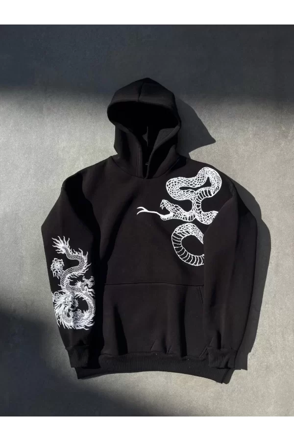 Luz&Pos Uzun Kol Kapüşonlu Baskılı Sweatshirt - Siyah