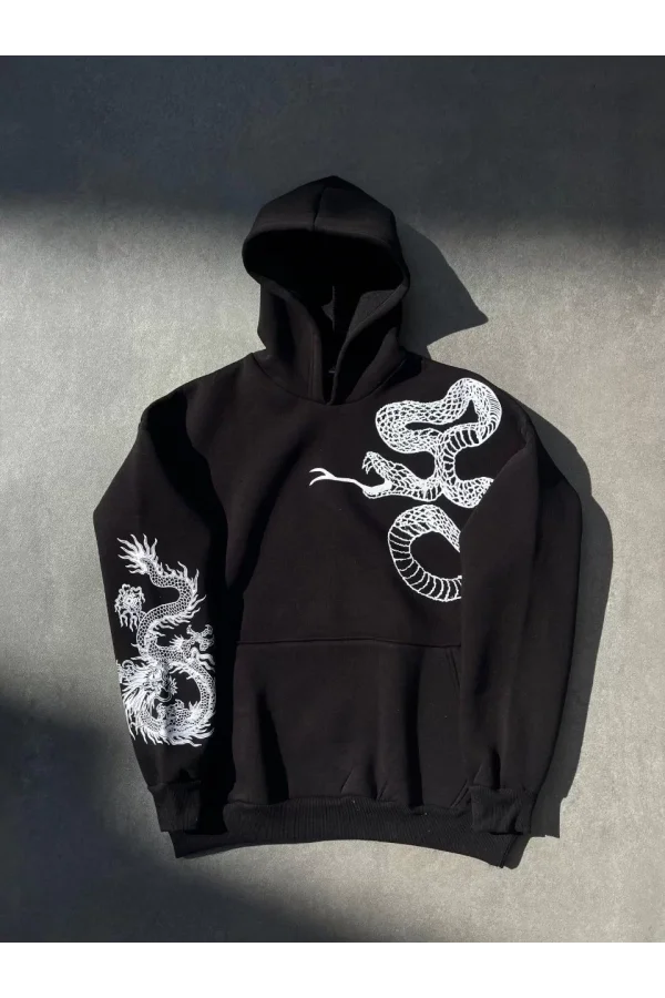 Luz&Pos Uzun Kol Kapüşonlu Baskılı Sweatshirt - Siyah