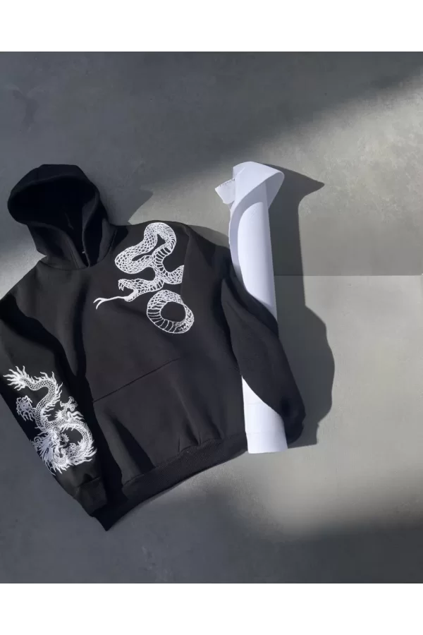 Luz&Pos Uzun Kol Kapüşonlu Baskılı Sweatshirt - Siyah