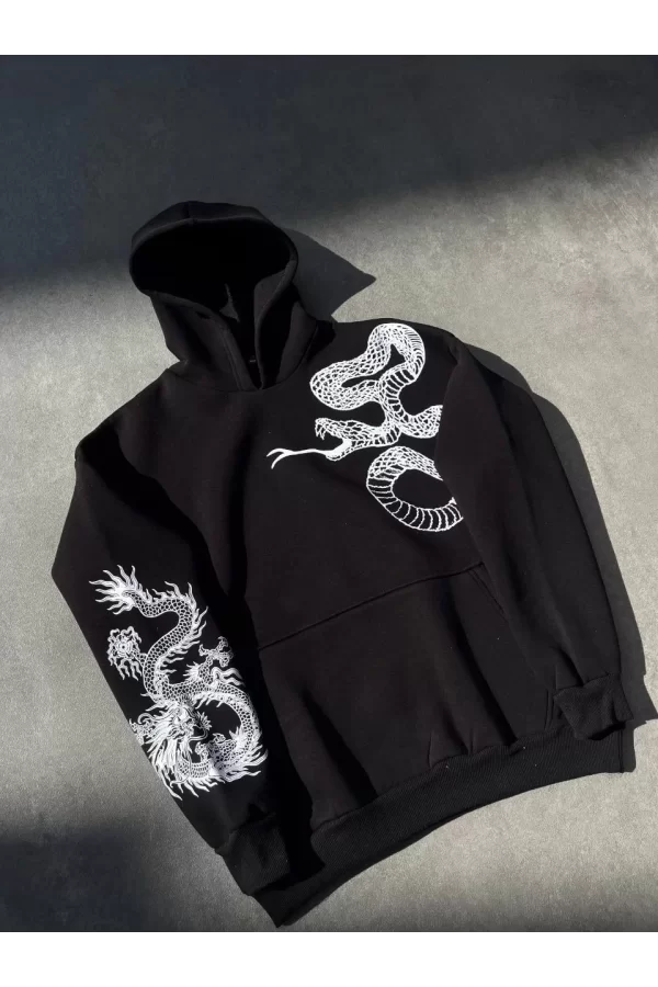 Luz&Pos Uzun Kol Kapüşonlu Baskılı Sweatshirt - Siyah