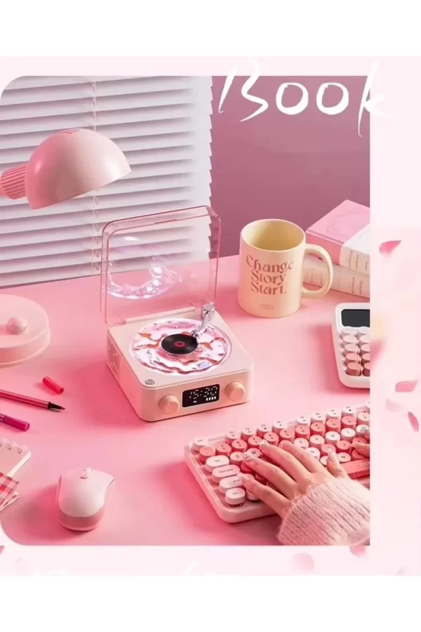 Waves Nostalji Plak Görünümlü Bluetooth Hoparlör 3d Ses Dalgası Retro Müzik Plak Pembe