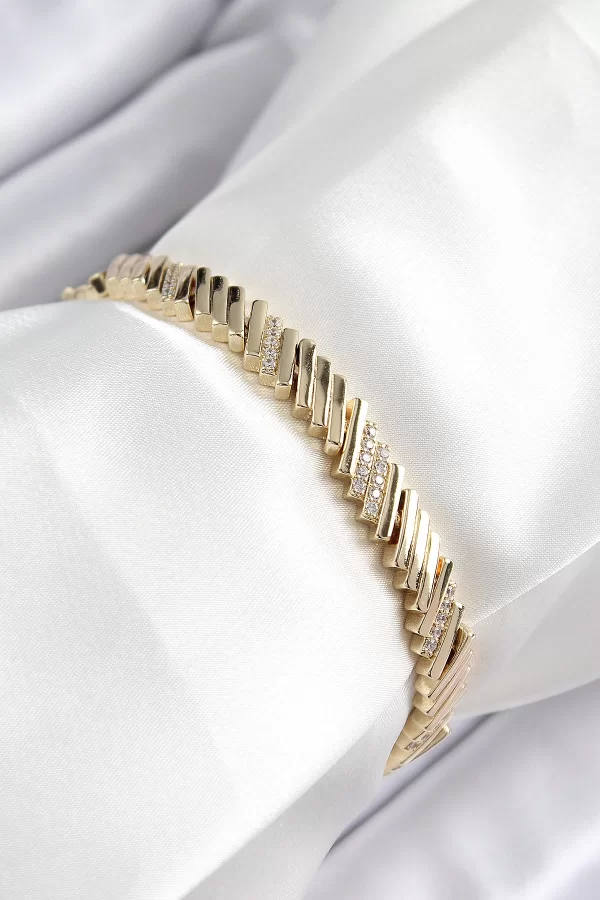 Xuping Pirinç Zirkon Taşlı Eğimli Blok Model Gold Renk Kadın Bileklik