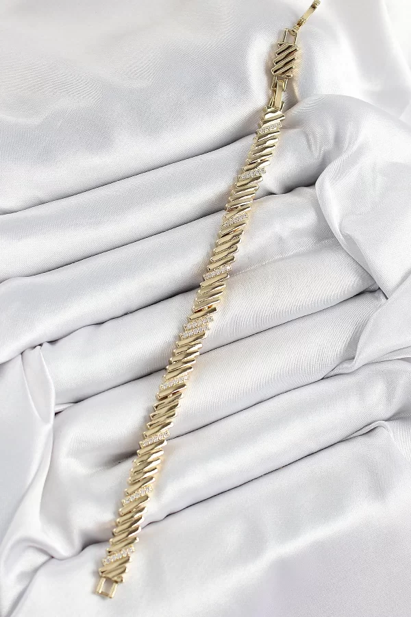 Xuping Pirinç Zirkon Taşlı Eğimli Blok Model Gold Renk Kadın Bileklik