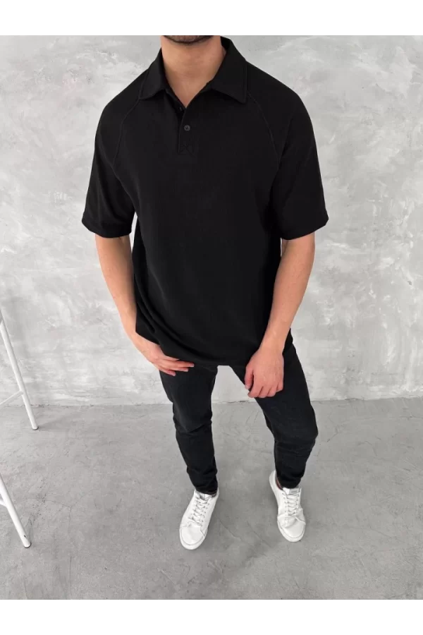 Yakalı Patlı Kısa Kol T-shirt - Siyah