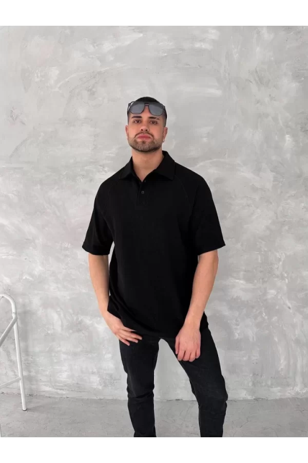 Yakalı Patlı Kısa Kol T-shirt - Siyah