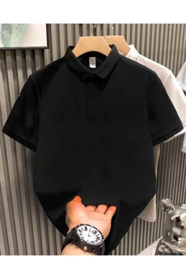 Yakası Düğmeli Yakalı Pike Düz T-Shirt - Siyah