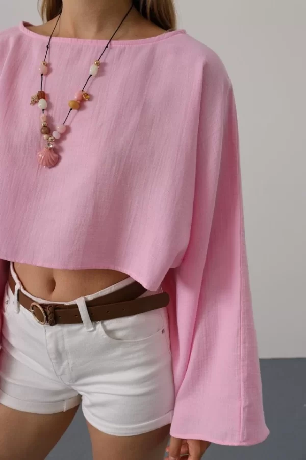 YARASA KOLLU CROP BLUZ - Pembe