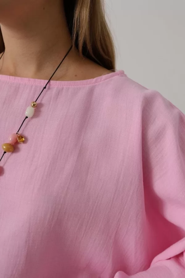 YARASA KOLLU CROP BLUZ - Pembe
