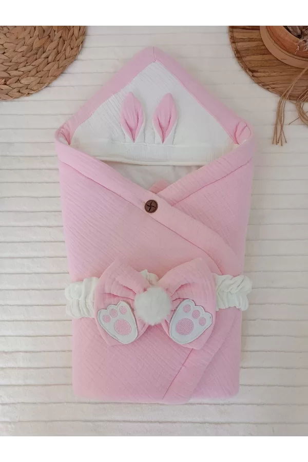 Luz&Pos Yenidoğan 4 Kat Müslin Kumaş Kulaklı Patili Fiyonk Bebek Battaniyesi Kundak Pembe