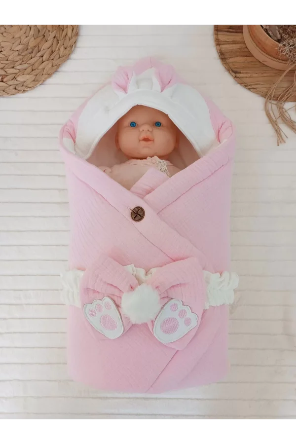 Luz&Pos Yenidoğan 4 Kat Müslin Kumaş Kulaklı Patili Fiyonk Bebek Battaniyesi Kundak Pembe