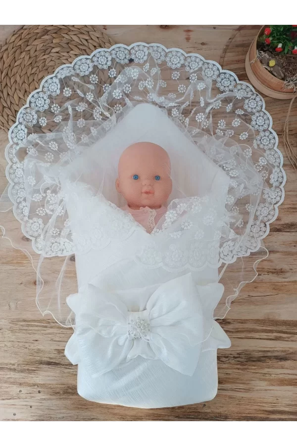 Luz&Pos Yenidoğan Ay Işığı Papatya Dantelli Taşlı Fiyonk Bebek Battaniyesi Kundak Ekru