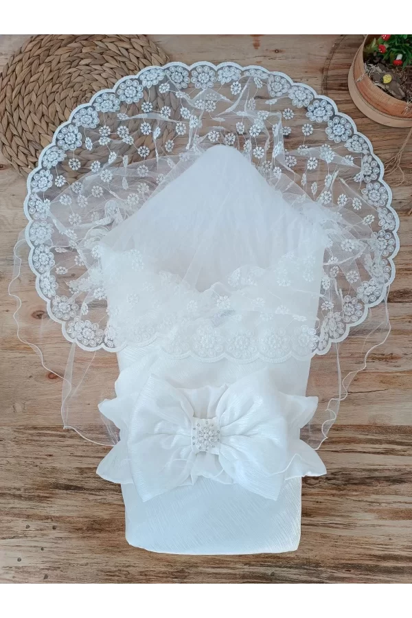 Luz&Pos Yenidoğan Ay Işığı Papatya Dantelli Taşlı Fiyonk Bebek Battaniyesi Kundak Ekru
