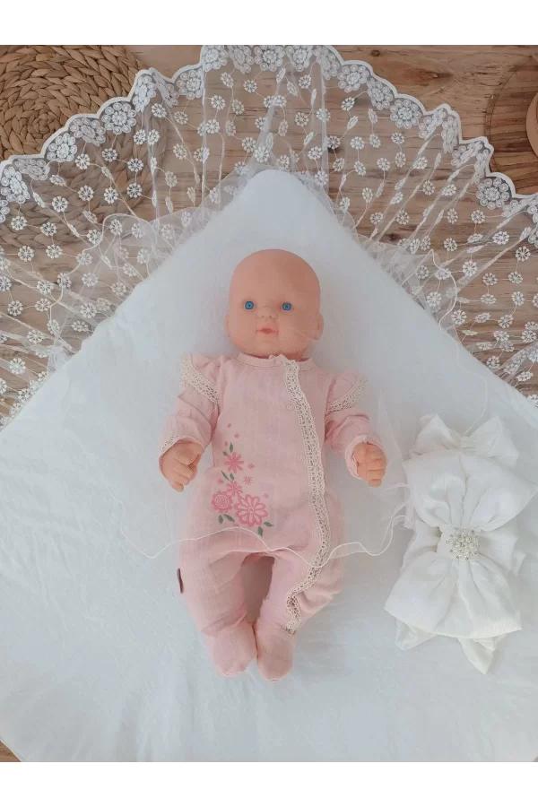 Luz&Pos Yenidoğan Ay Işığı Papatya Dantelli Taşlı Fiyonk Bebek Battaniyesi Kundak Ekru
