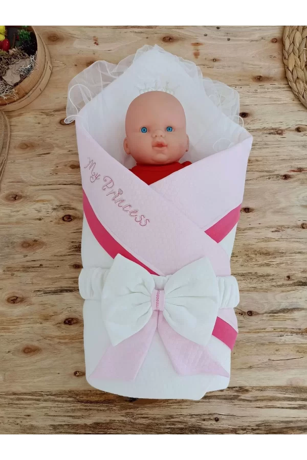 Luz&Pos Yenidoğan Bal Peteği My Prince Taç Nakışlı Delüks Kundak Bebek Battaniyesi Pembe
