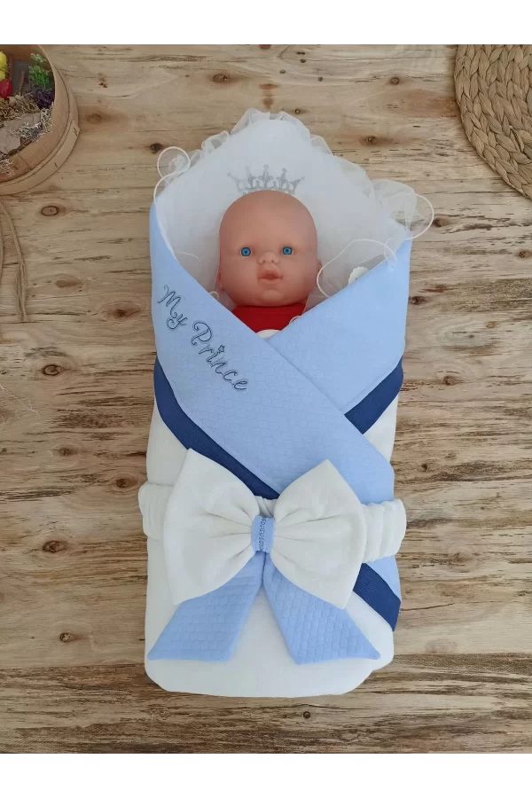 Luz&Pos Yenidoğan Bal Peteği My Prince Taç Nakışlı Delüks Kundak Bebek Battaniyesi Mavi