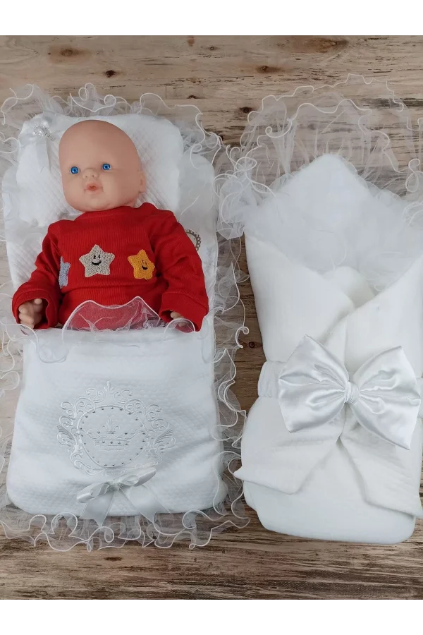 Luz&Pos Yenidoğan Bal Peteği Taç Nakışlı Kundaklı Trilüks 3lü Alt Açma Seti Ekru