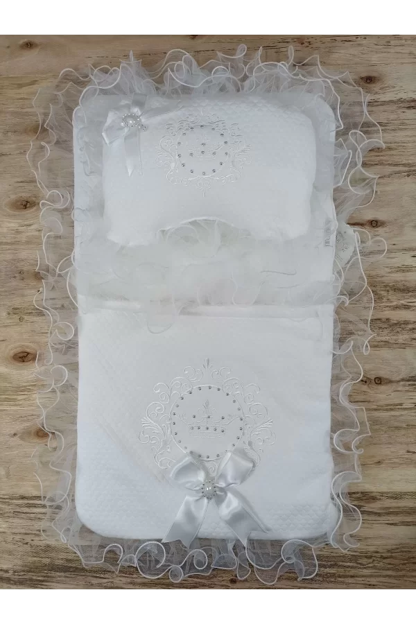 Luz&Pos Yenidoğan Bal Peteği Taç Nakışlı Kundaklı Trilüks 3lü Alt Açma Seti Ekru