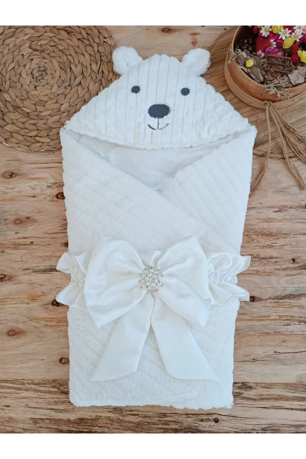 Luz&Pos Yenidoğan Beyaz Wool Yün Kumaş Ayıcık Kulaklı Kundak Bebek Battaniyesi Beyaz