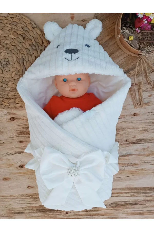 Luz&Pos Yenidoğan Beyaz Wool Yün Kumaş Ayıcık Kulaklı Kundak Bebek Battaniyesi Beyaz