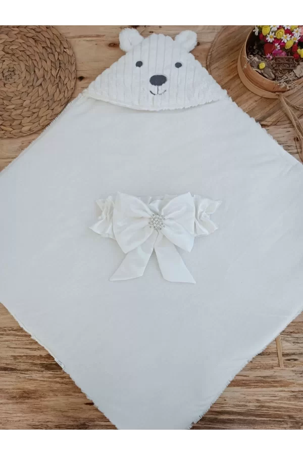 Luz&Pos Yenidoğan Beyaz Wool Yün Kumaş Ayıcık Kulaklı Kundak Bebek Battaniyesi Beyaz
