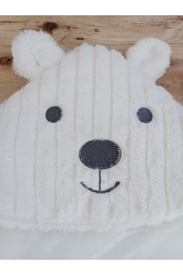 Luz&Pos Yenidoğan Beyaz Wool Yün Kumaş Ayıcık Kulaklı Kundak Bebek Battaniyesi Beyaz