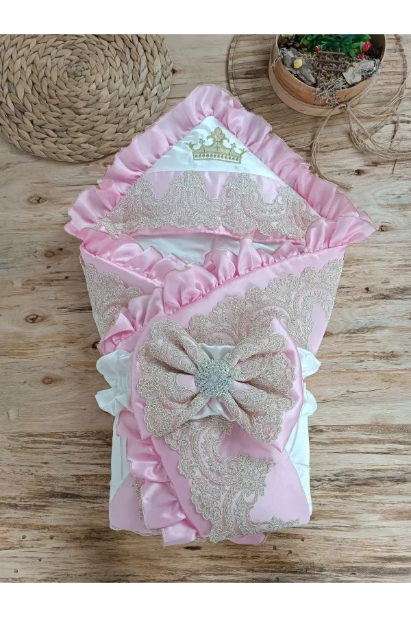 Luz&Pos Yenidoğan Grand Lüks Kelebek Ağır Güpür İşlemeli Şapkalı Bebek Battaniyesi Kundak Pembe