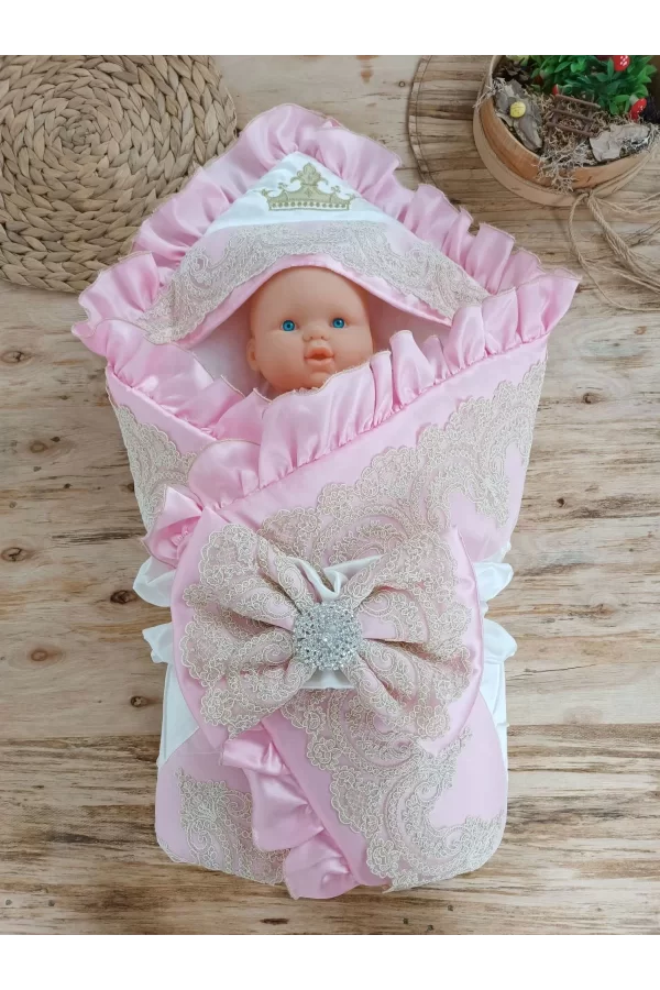 Luz&Pos Yenidoğan Grand Lüks Kelebek Ağır Güpür İşlemeli Şapkalı Bebek Battaniyesi Kundak Pembe