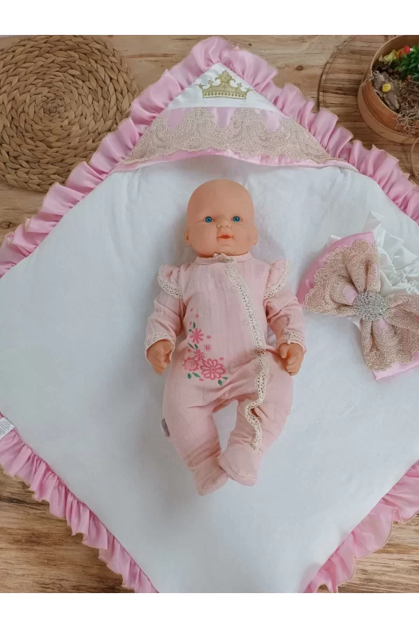 Luz&Pos Yenidoğan Grand Lüks Kelebek Ağır Güpür İşlemeli Şapkalı Bebek Battaniyesi Kundak Pembe