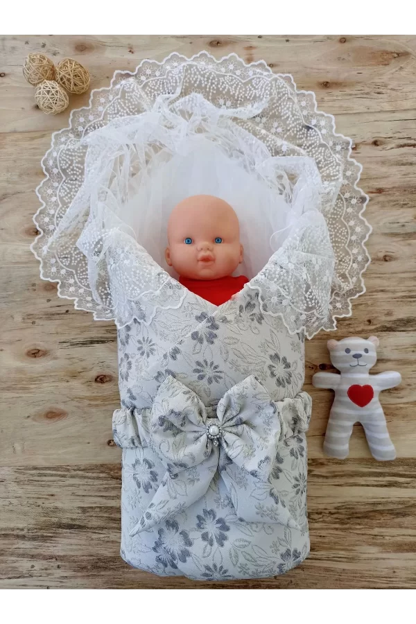 Luz&Pos Yenidoğan Gül Sedefli Duvaklı Taş Fiyonk Erkek Bebek Kumru Kundak Bebek Battaniyesi Lacivert