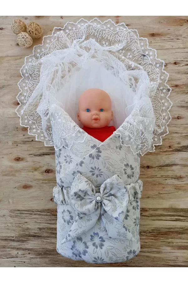 Luz&Pos Yenidoğan Gül Sedefli Duvaklı Taş Fiyonk Erkek Bebek Kumru Kundak Bebek Battaniyesi Lacivert