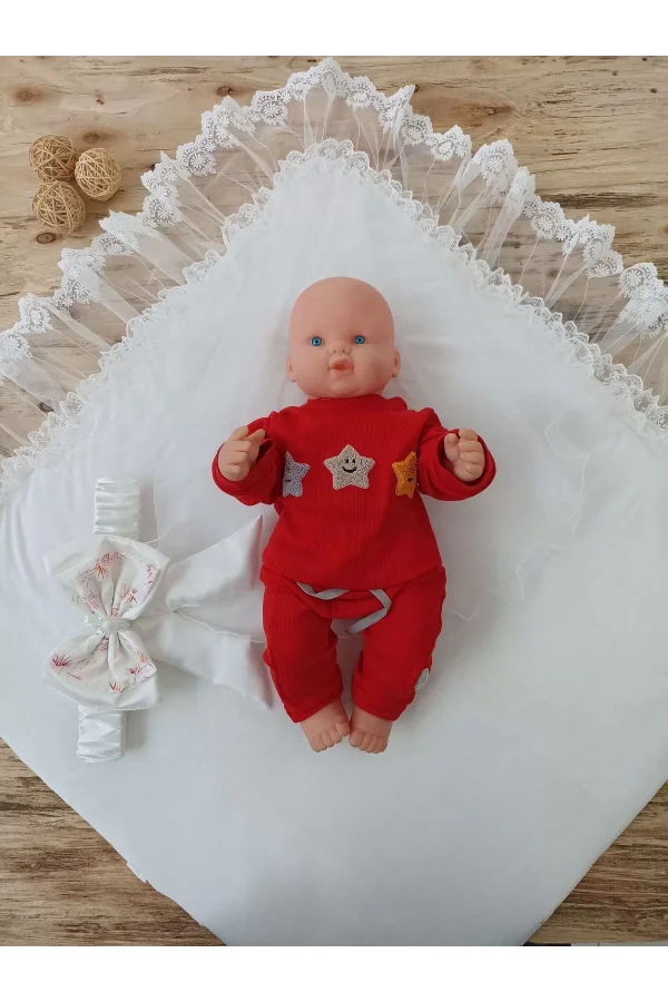 Luz&Pos Yenidoğan Hanımeli Desenli Taç Nakışlı Delüks Kundak Bebek Battaniyesi Ekru