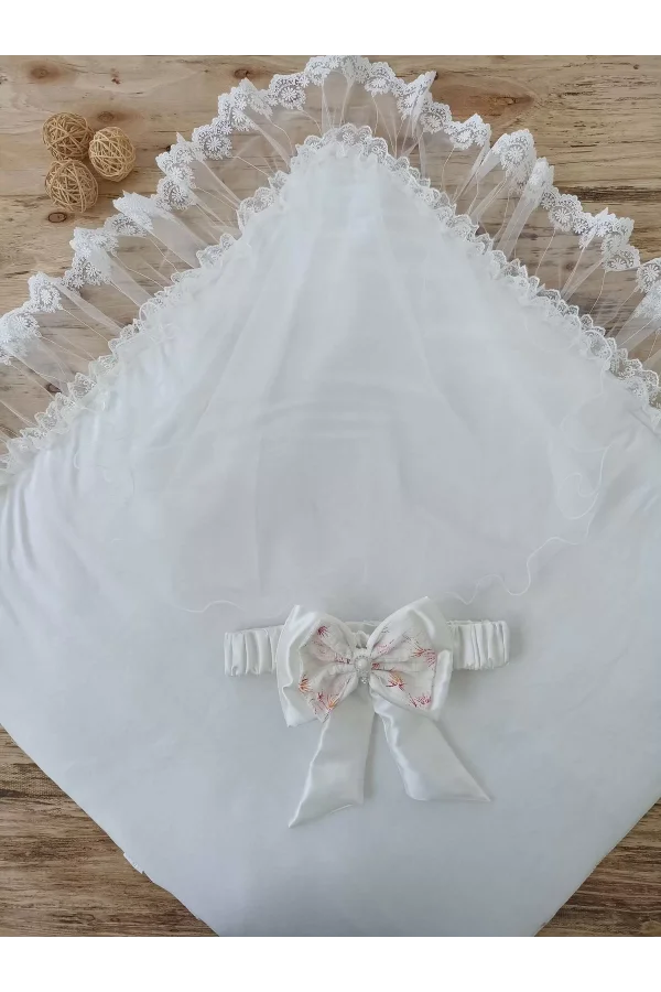 Luz&Pos Yenidoğan Hanımeli Desenli Taç Nakışlı Delüks Kundak Bebek Battaniyesi Ekru