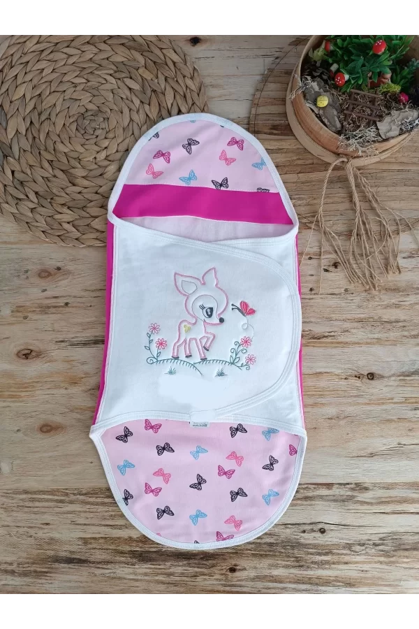 Luz&Pos Yenidoğan İlk Baharın Ceylanı Nakışlı Çıt Çıt Kapama Bebek Kundak Pembe