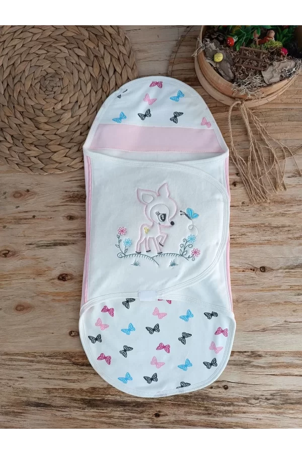 Luz&Pos Yenidoğan İlk Baharın Ceylanı Nakışlı Çıt Çıt Kapama Bebek Kundak Ekru