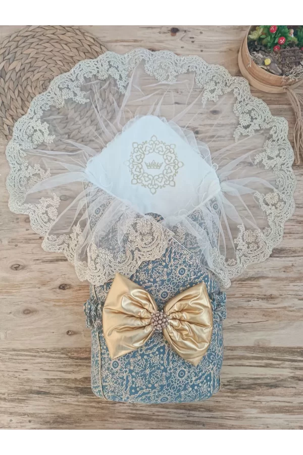 Luz&Pos Yenidoğan Kabartma Desenli Gold Fiyonklu Güpürlü Bebek Battaniyesi Kundak Gold