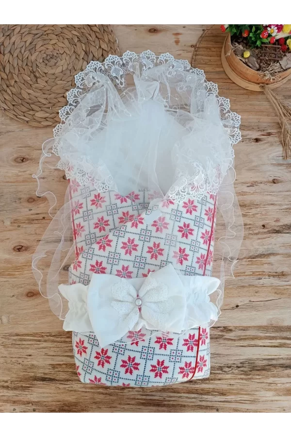 Luz&Pos Yenidoğan Kar Tanesi Desenli Dantelli Duvaklı Bebek Battaniyesi Kundak Ekru