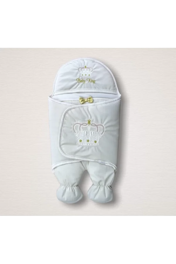 Luz&Pos Yenidoğan King Baby Taç Nakışlı Ayaklı Erkek Bebek Kundak Ekru