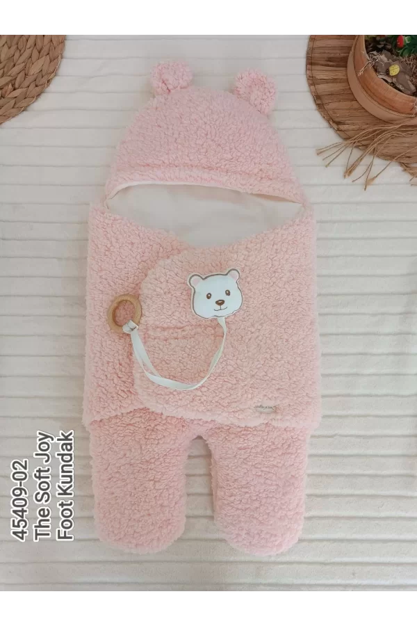 Luz&Pos Yenidoğan Kulaklı Şapkalı Açılır Kucaklı Cırt Kapamalı Ayaklı Bebek Battaniyesi Kundak Pembe