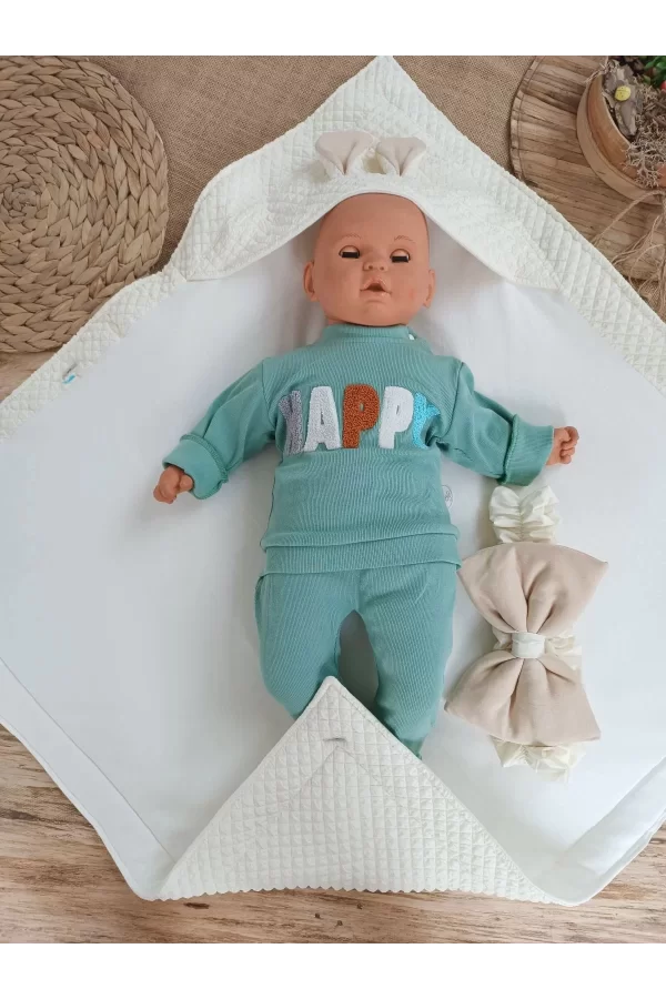 Luz&Pos Yenidoğan Kulaklı Şapkalı Düğme Detaylı Fiyonklu Bebek Battaniyesi Kundak Krem