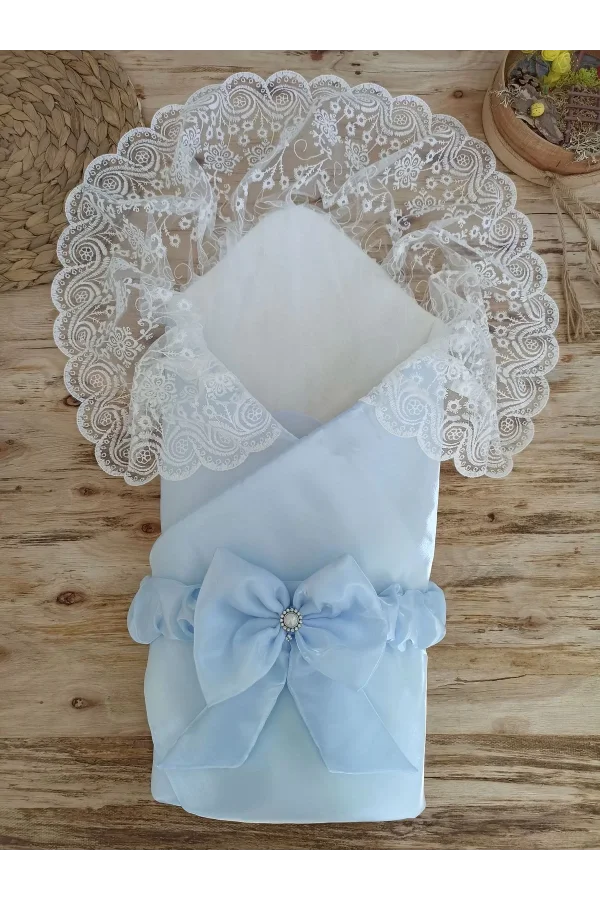 Luz&Pos Yenidoğan Kumru İnci Fiyonk Kristal Parlak Duvaklı Kundak Bebek Battaniyesi Mavi