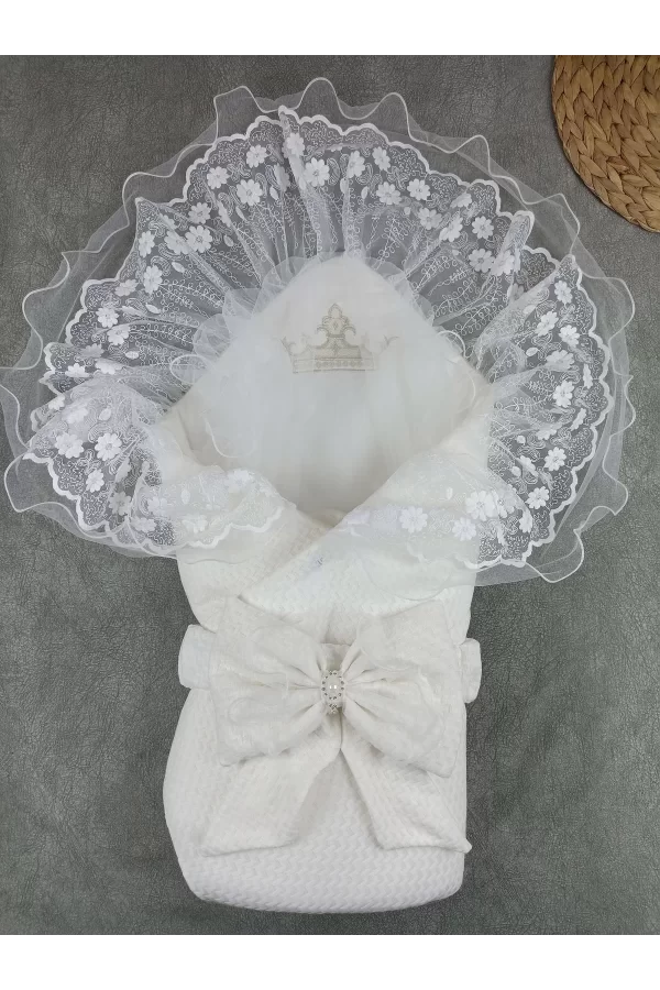 Luz&Pos Yenidoğan Kumru Soft Cotton Taç Nakışlı Trilüks Kundak Bebek Battaniyesi Ekru