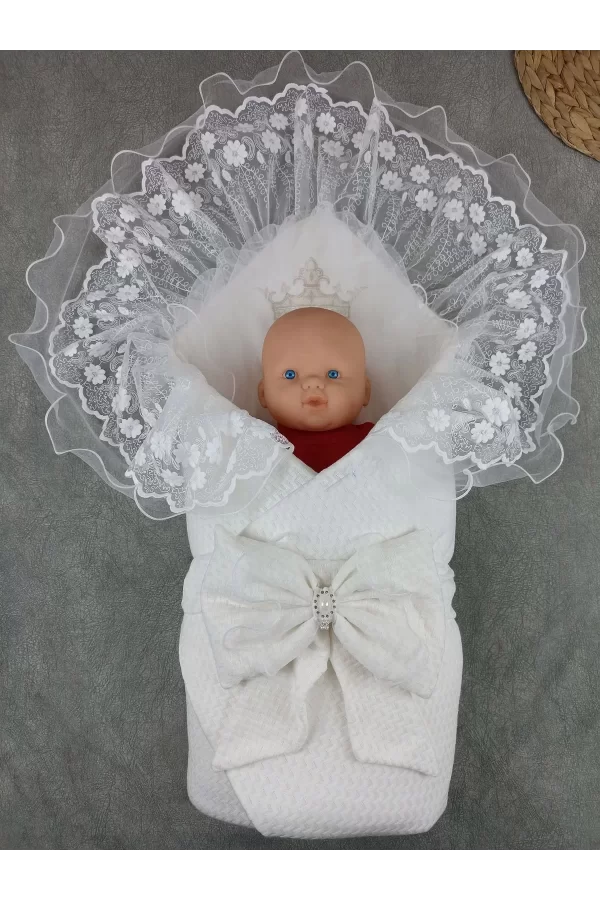 Luz&Pos Yenidoğan Kumru Soft Cotton Taç Nakışlı Trilüks Kundak Bebek Battaniyesi Ekru