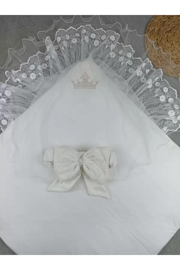 Luz&Pos Yenidoğan Kumru Soft Cotton Taç Nakışlı Trilüks Kundak Bebek Battaniyesi Ekru