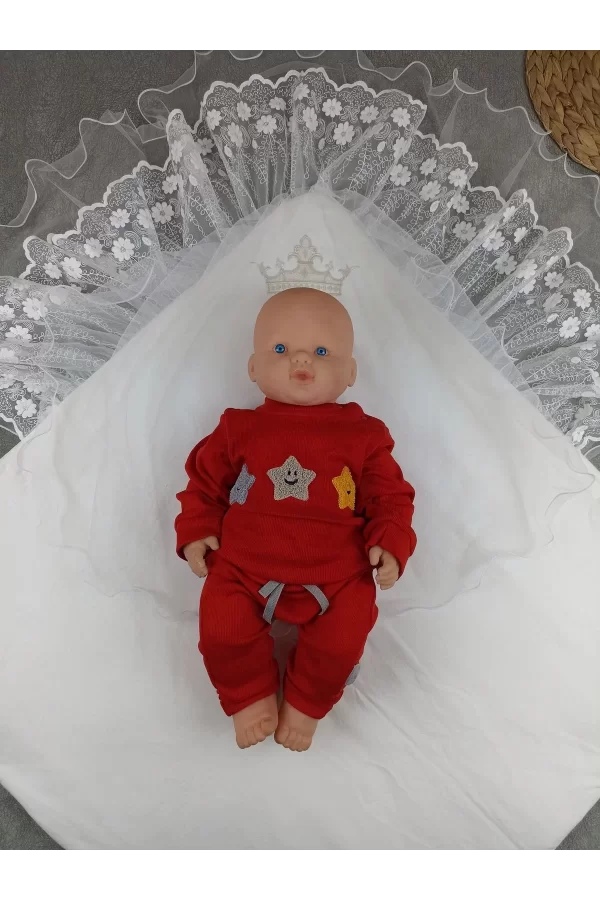 Luz&Pos Yenidoğan Kumru Soft Cotton Taç Nakışlı Trilüks Kundak Bebek Battaniyesi Ekru