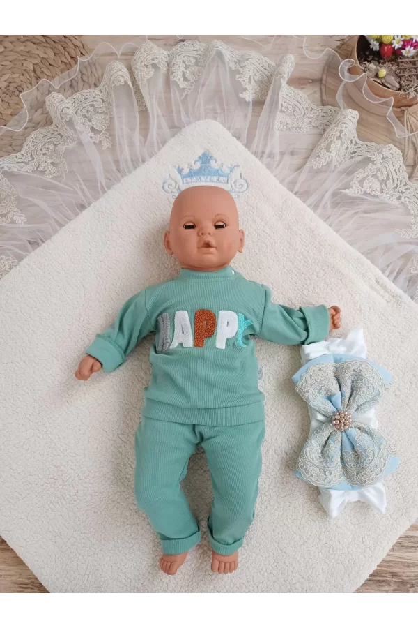 Luz&Pos Yenidoğan Kuzulu Taç Nakış Güpürlü Fiyonklu Duvaklı Prizma Taş Unisex Kundak Bebek Battaniyesi Mavi