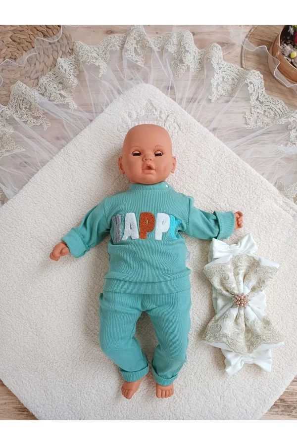 Luz&Pos Yenidoğan Kuzulu Taç Nakış Güpürlü Fiyonklu Duvaklı Prizma Taş Unisex Kundak Bebek Battaniyesi Bej
