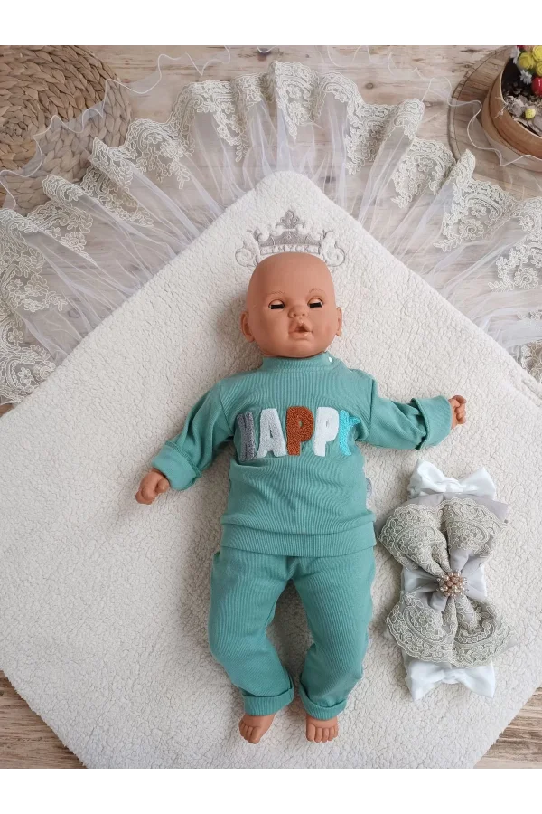 Luz&Pos Yenidoğan Kuzulu Taç Nakış Güpürlü Fiyonklu Duvaklı Prizma Taş Unisex Kundak Bebek Battaniyesi Ekru