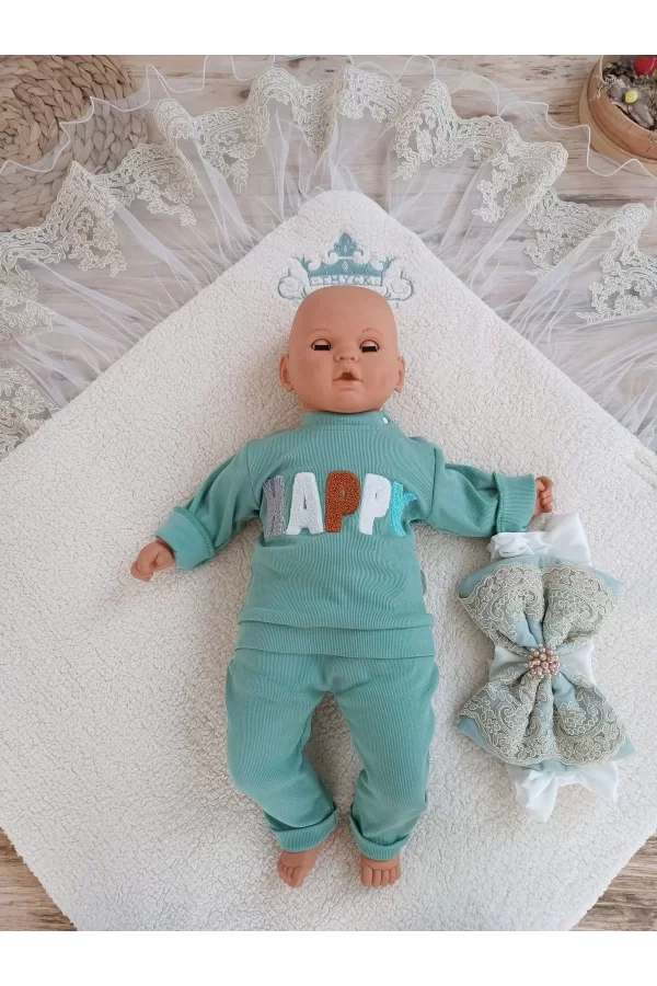 Luz&Pos Yenidoğan Kuzulu Taç Nakış Güpürlü Fiyonklu Duvaklı Prizma Taş Unisex Kundak Bebek Battaniyesi Su Yeşili