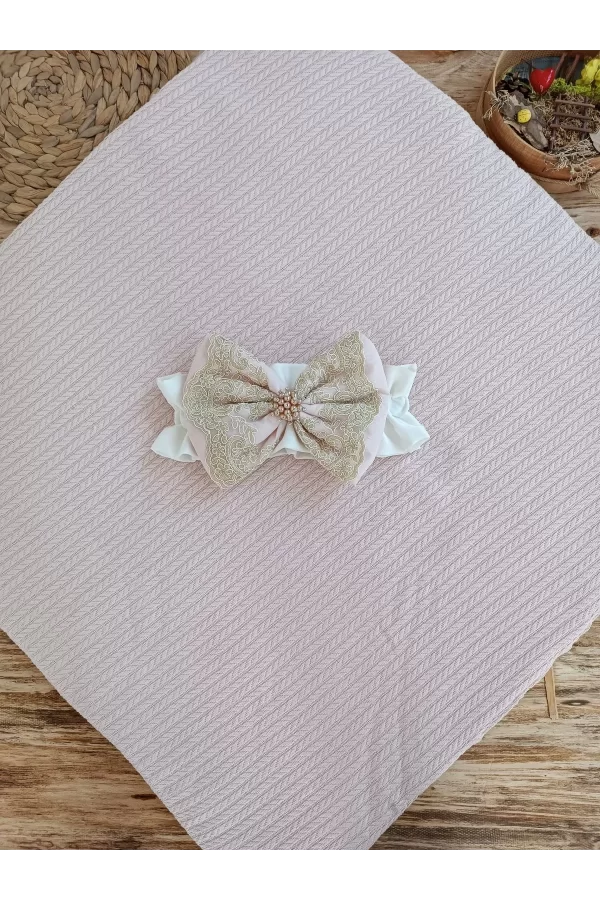 Luz&Pos Yenidoğan Kuzulu Taç Nakış Güpürlü Fiyonklu Duvaklı Prizma Taş Unisex Kundak Bebek Battaniyesi Pembe