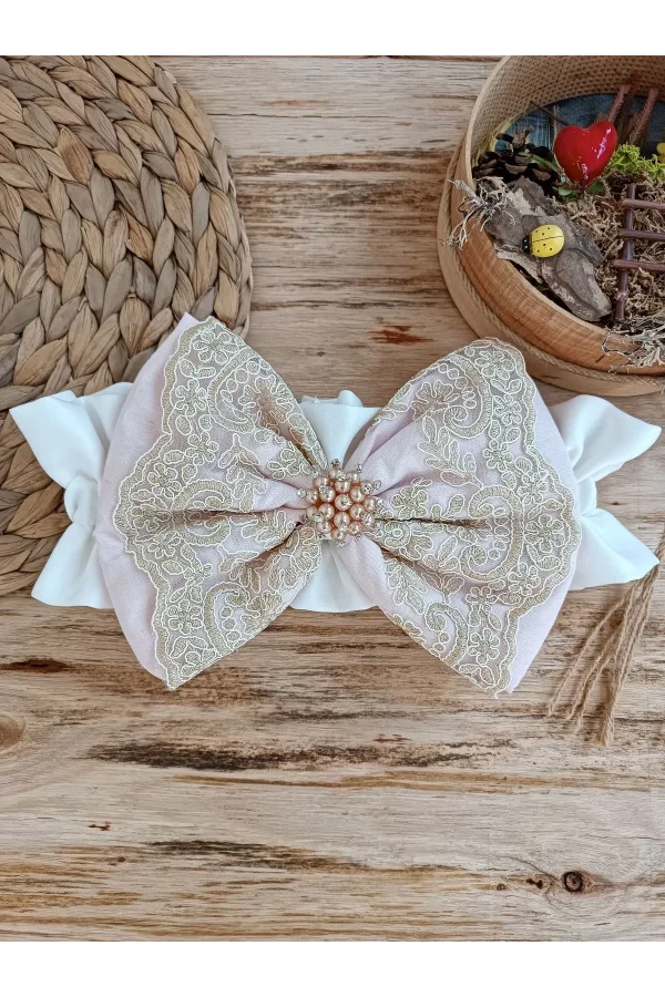 Luz&Pos Yenidoğan Kuzulu Taç Nakış Güpürlü Fiyonklu Duvaklı Prizma Taş Unisex Kundak Bebek Battaniyesi Pembe